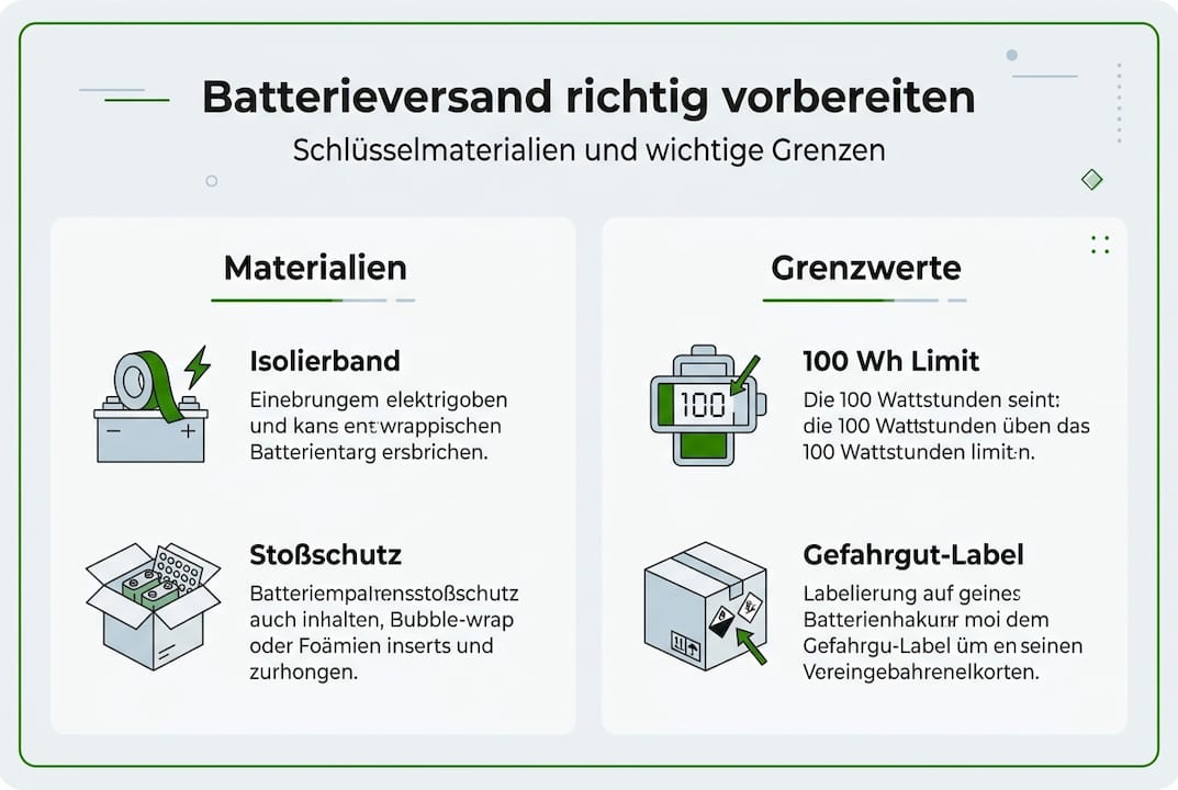 In dieser Infografik werden die wichtigsten Materialien und gesetzlichen Grenzwerte für den Versand von Batterien anschaulich dargestellt.