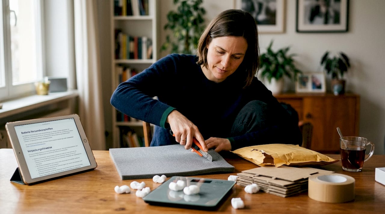 Eine Mitarbeiterin stellt Versandmaterialien für Batterien zusammen.