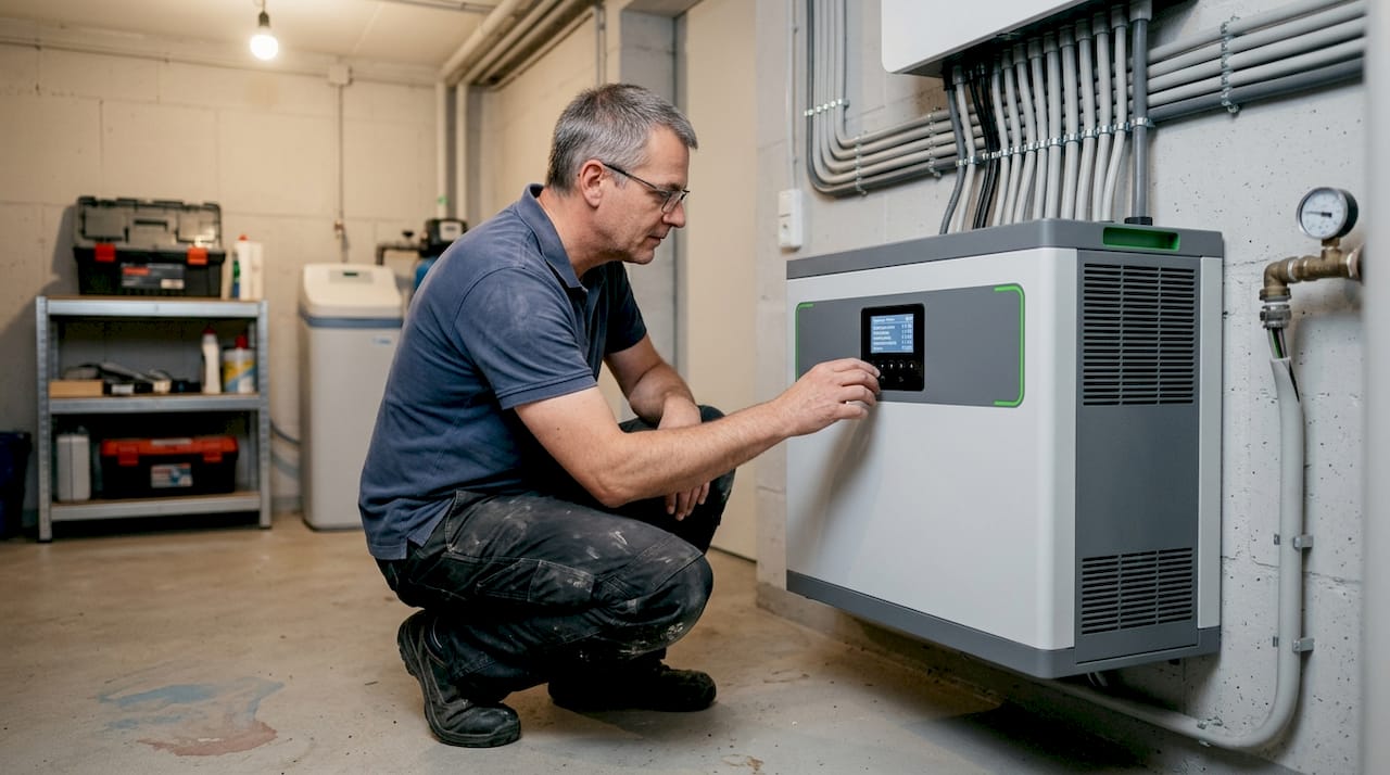 Ein Mann überprüft den Zustand seiner Lithium-Batterie im heimischen Energiespeicher.