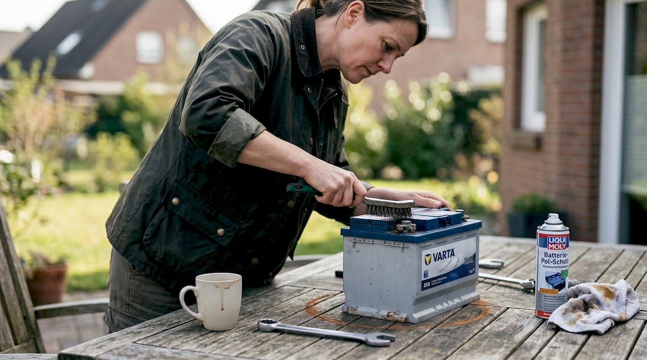 Eine Frau säubert im Freien die Pole ihrer Autobatterie.
