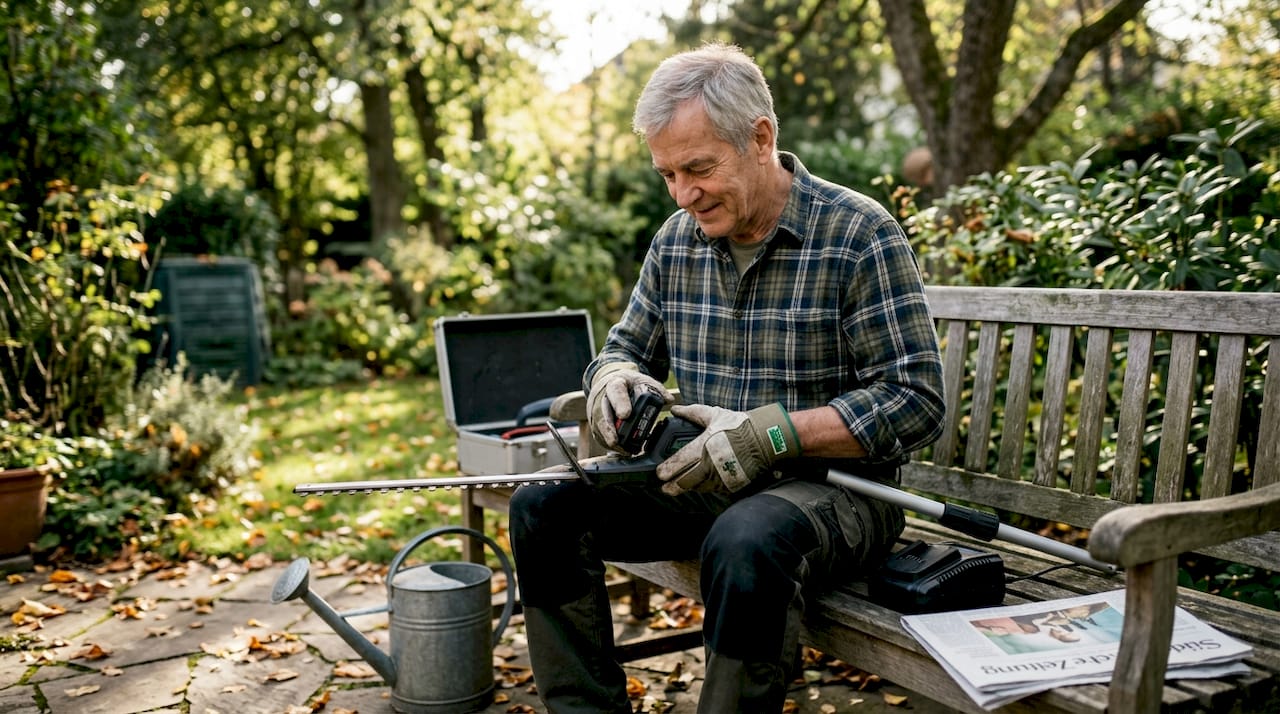 Ein älterer Herr setzt im Garten den Akku ins Gerät ein.