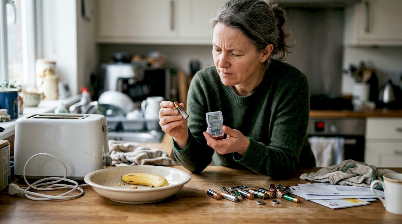 Eine Frau überprüft eine AA-Batterie mit einem LCD-Tester in ihrer Küche.