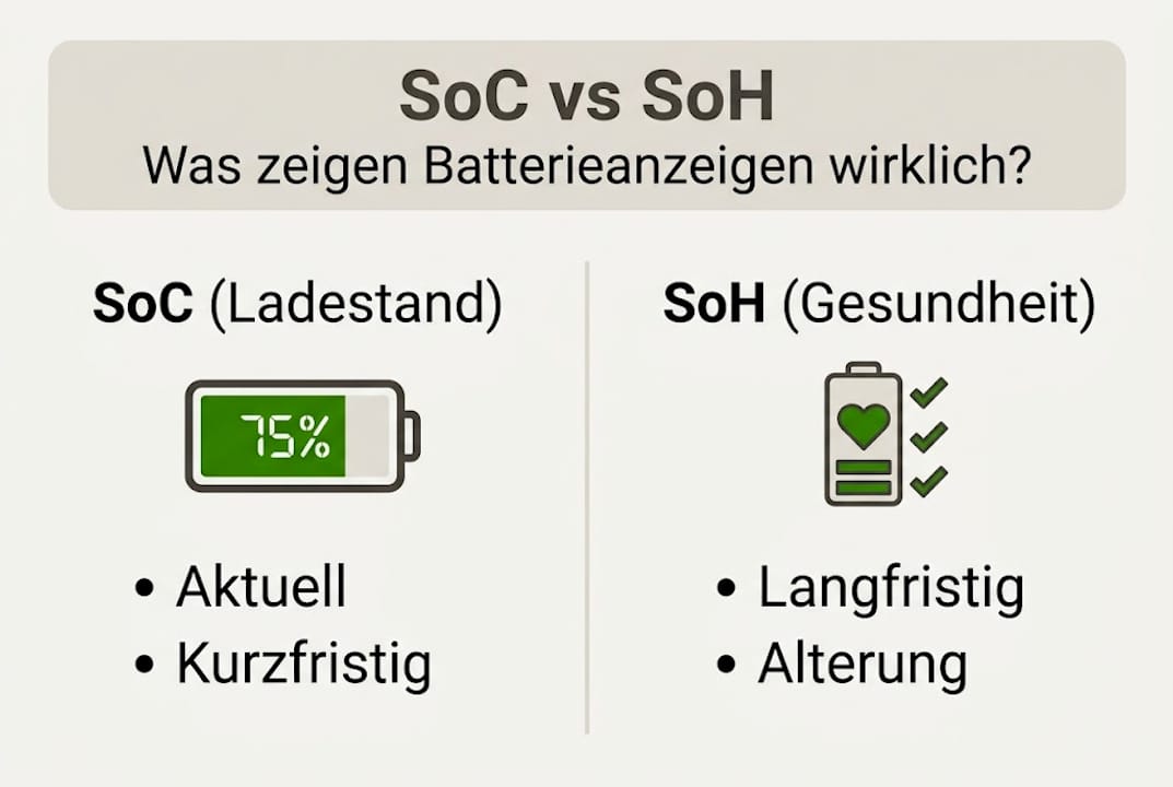 Die Infografik veranschaulicht den Unterschied zwischen SoC und SoH auf einen Blick.