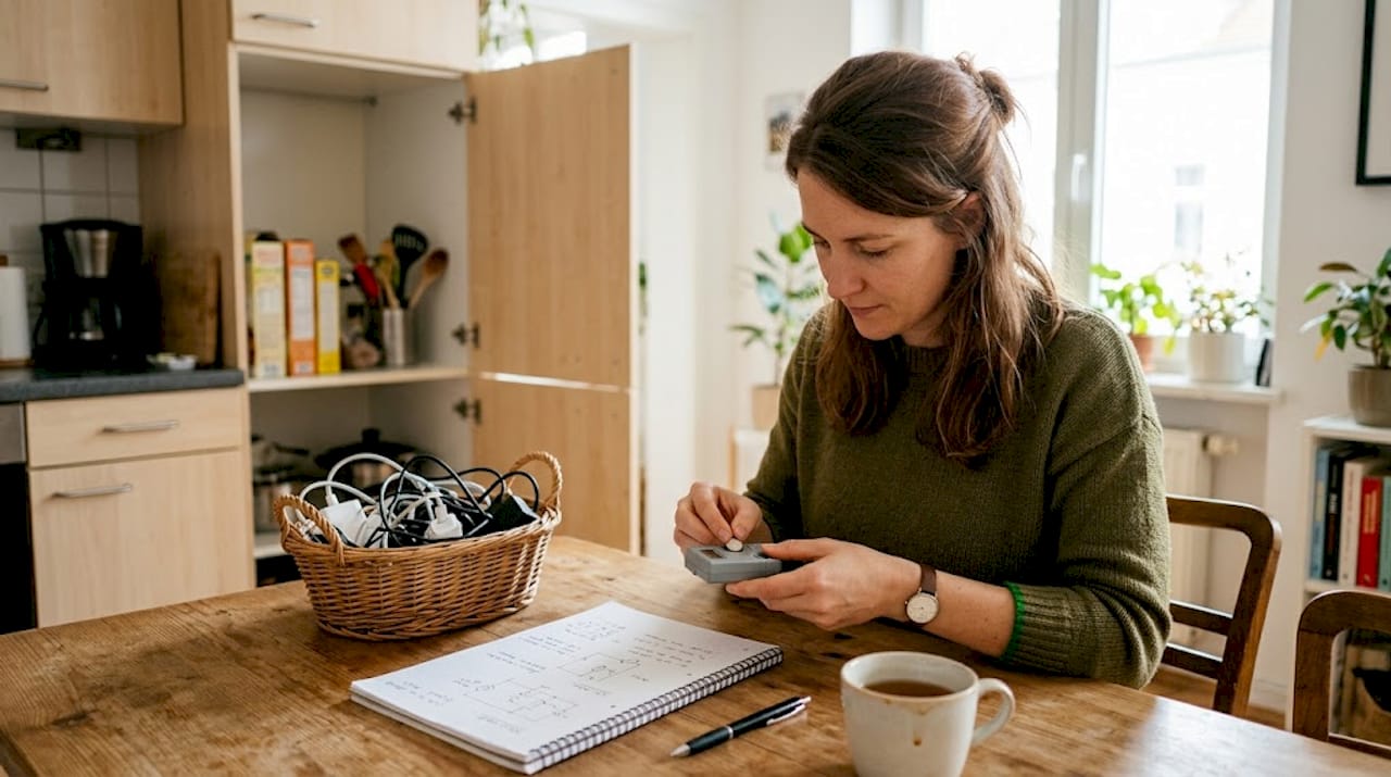 Eine Frau prüft am Küchentisch mit einem Batterietester, ob ihre Batterien noch funktionieren.