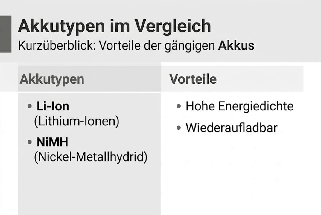 Übersichtsgrafik: Die verschiedenen Akkutypen für Elektronik im Vergleich