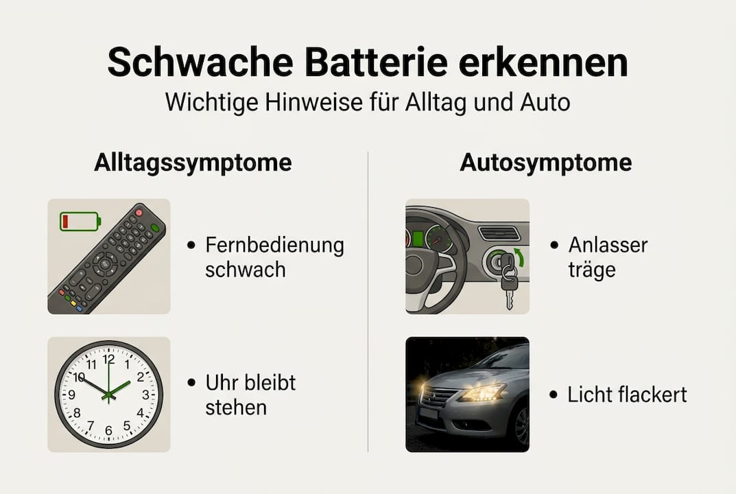 Infografik: Anzeichen für schwache Batterien in Haushaltsgeräten und Autos