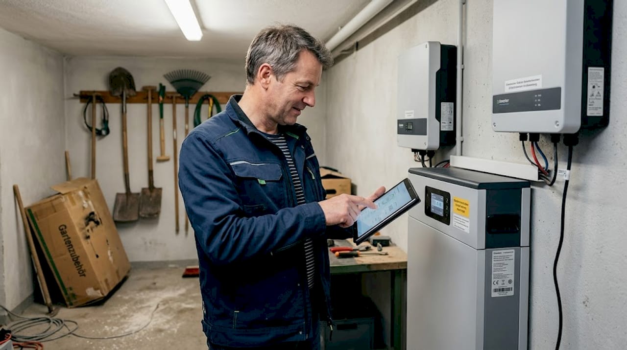 Ein Mann kontrolliert den Batteriespeicher im Keller.