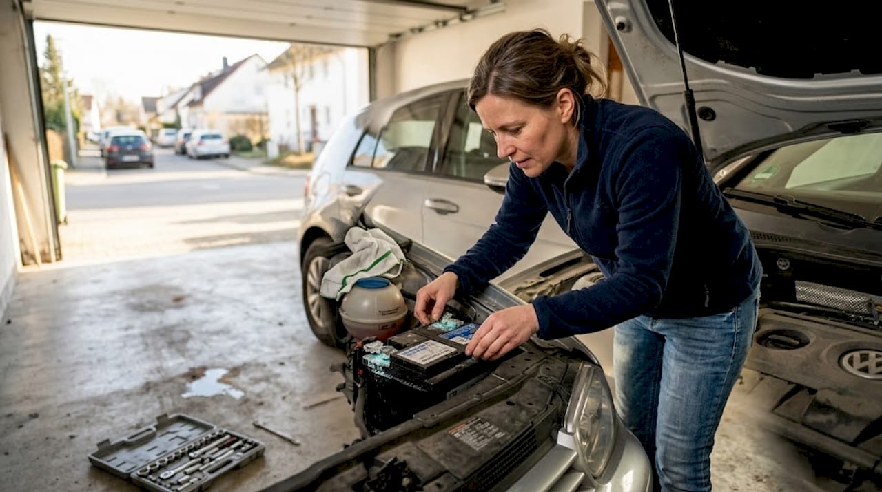 Eine Frau kontrolliert die Batteriepole ihres Autos auf Rost und Ablagerungen.
