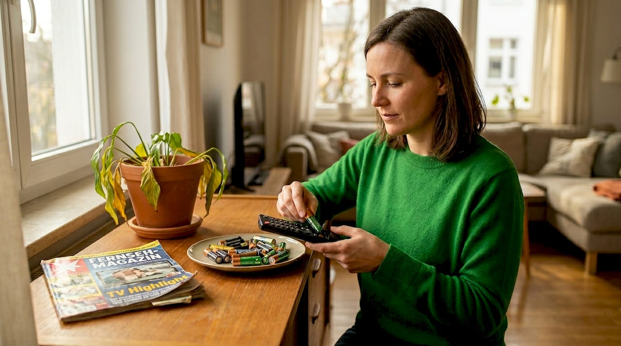 Eine Frau wechselt die Batterie ihrer Fernbedienung.