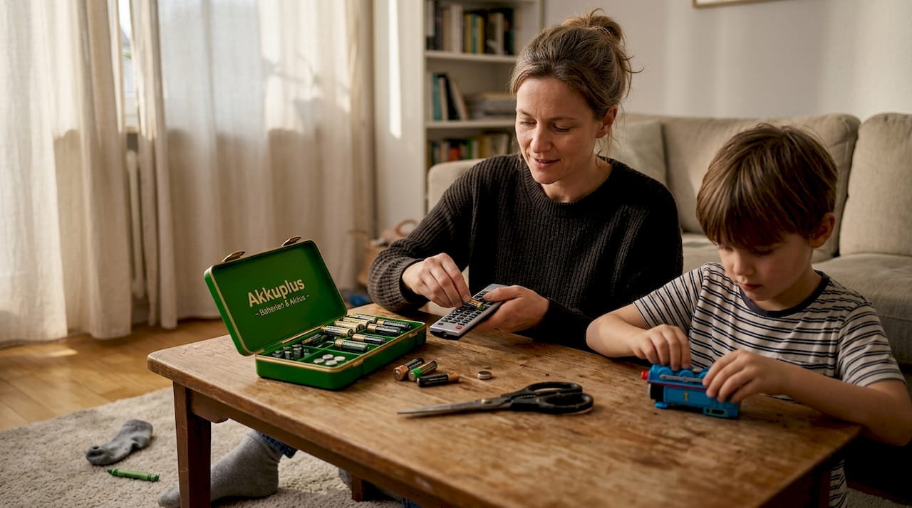 Eine Frau und ein Kind tauschen gemeinsam die Batterien in Alltagsgeräten aus.