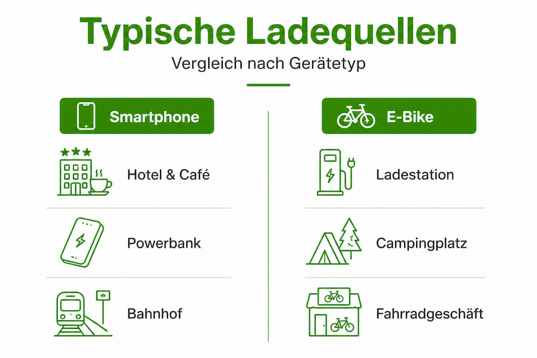 Eine Infografik zeigt im Überblick, welche Ladequellen sich für verschiedene Geräte am besten eignen.