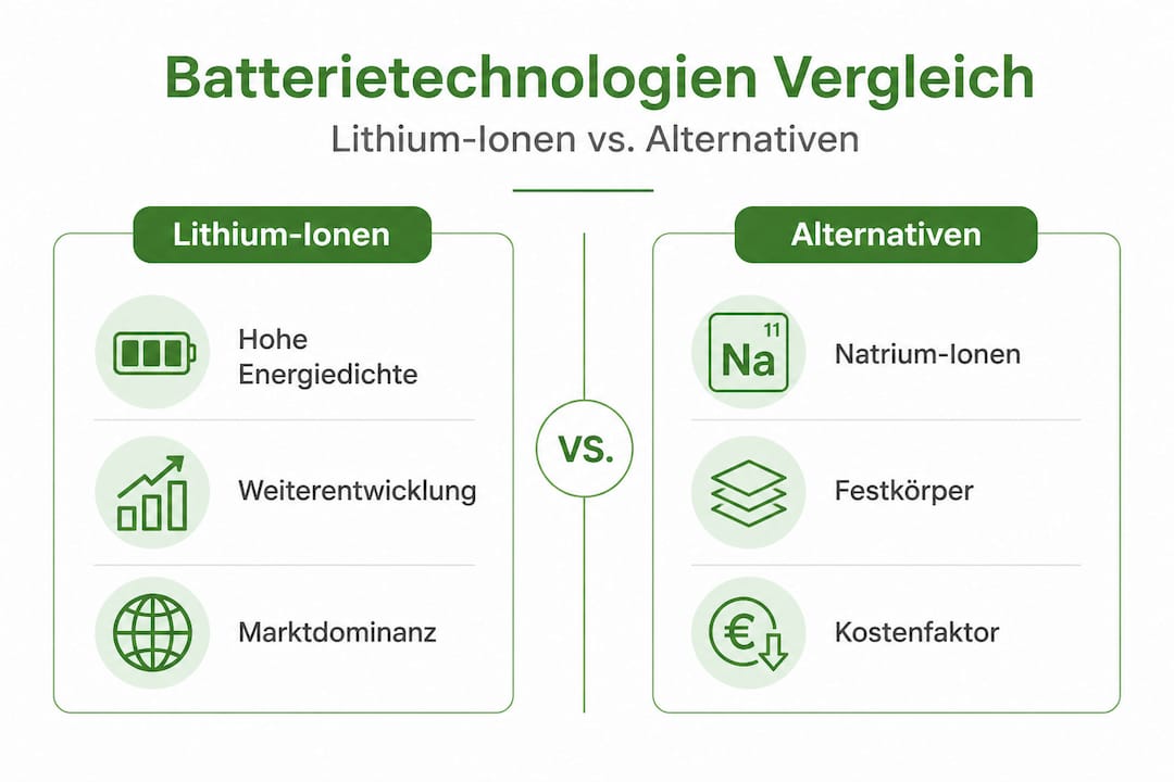 Die Infografik bietet einen anschaulichen Überblick über verschiedene Batterietechnologien im Vergleich.