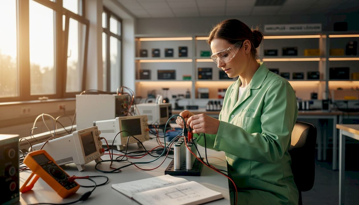 Im Labor prüft eine Laborkraft eine Batteriezelle auf ihre Leistungsfähigkeit.