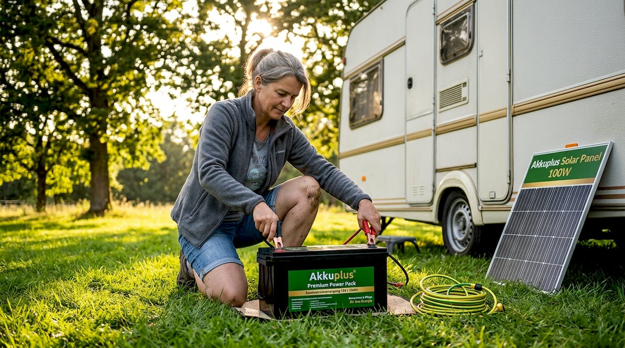Eine Frau schließt eine Blockbatterie an ihren Wohnwagen an.
