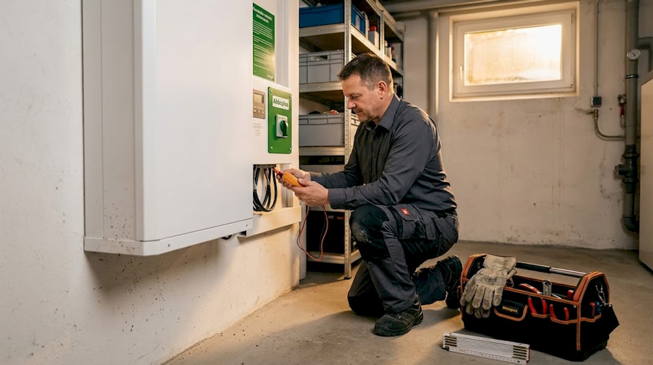 Ein Techniker überprüft die Installation eines Batteriespeichers im Haus.