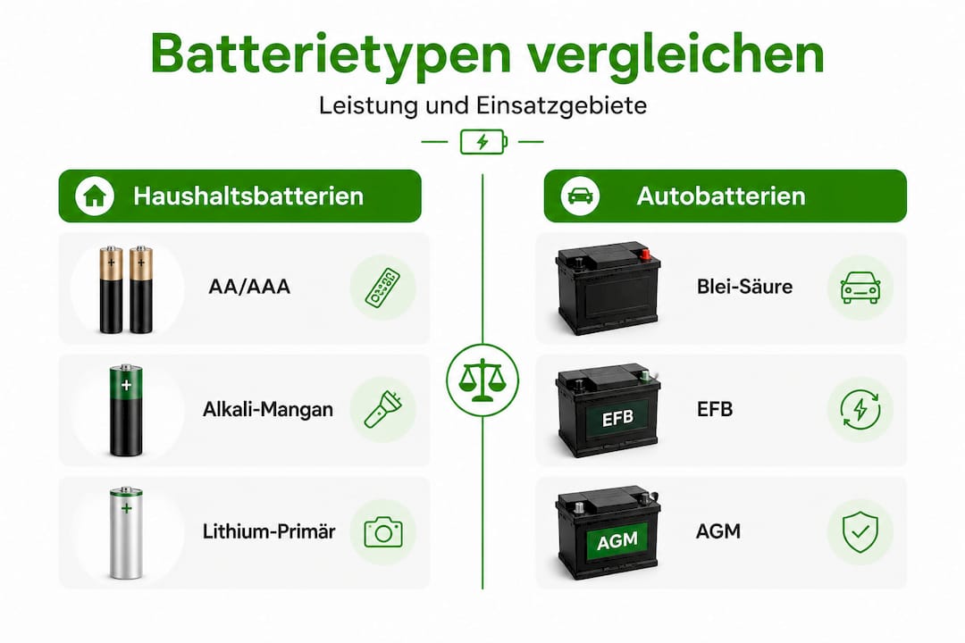 Infografik: Die wichtigsten Batterietypen für Haushalt und Auto im Vergleich