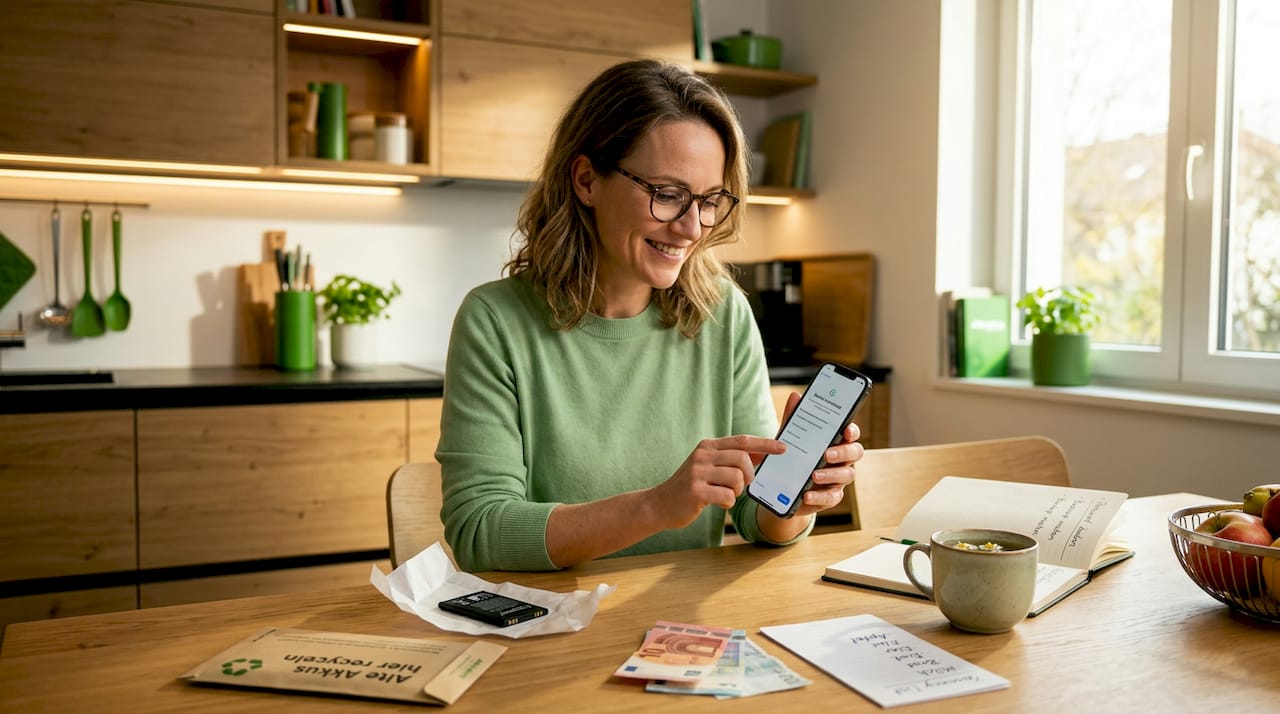 Nachdem der Handy-Akku ausgetauscht wurde, nutzt die Frau ihr Smartphone wieder ganz entspannt.