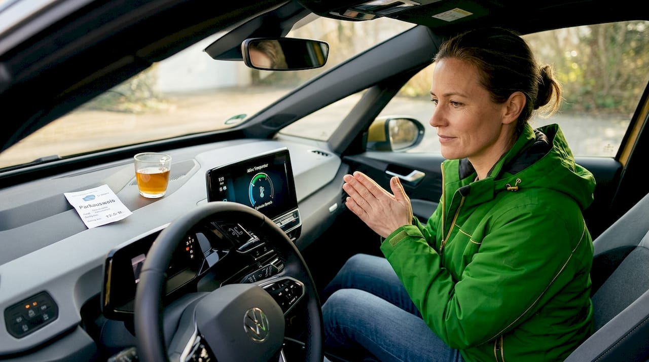 Während die Batterie für die nächste Fahrt vorgeheizt wird, wärmt sich die Fahrerin gemütlich die Hände.