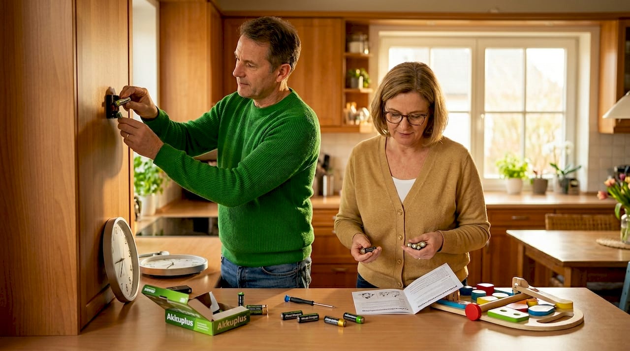Eltern bestücken Küchengeräte mit neuen Batterien.