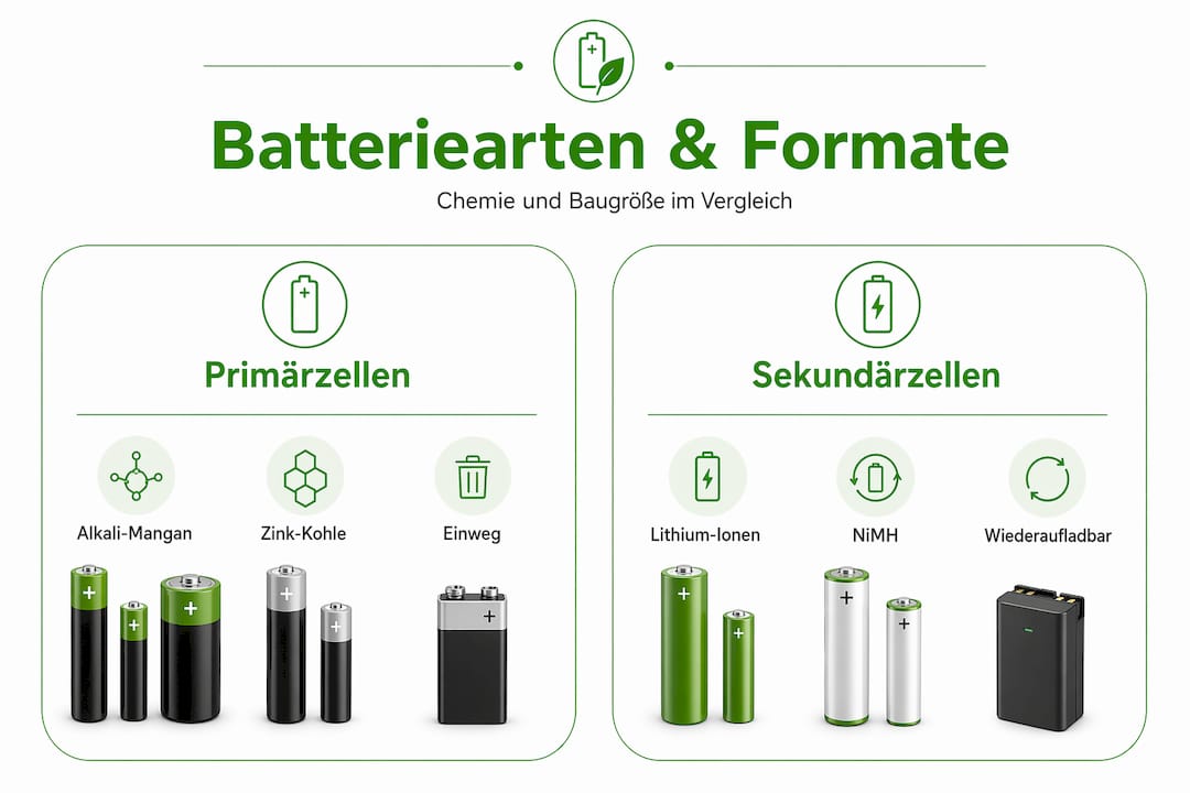 Eine anschauliche Grafik stellt verschiedene Batterietypen und ihre Bauformen gegenüber.