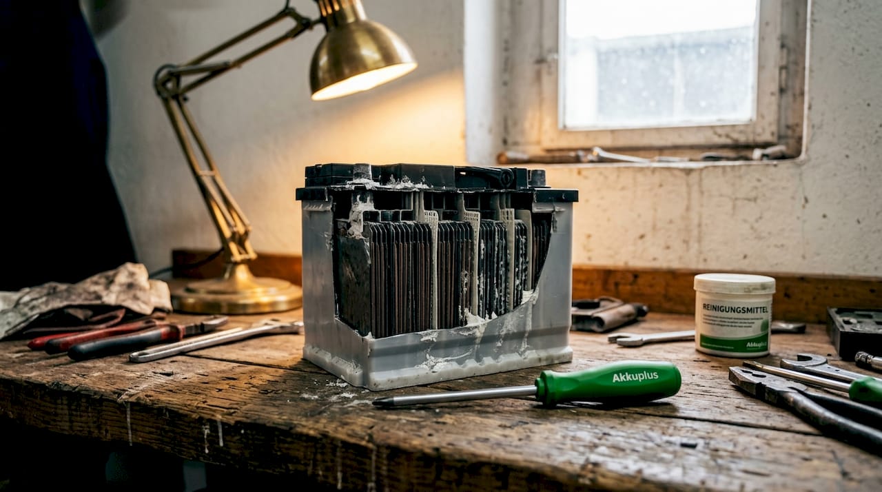 Detailansicht der Bleiplatten und Separatoren im Inneren einer Autobatterie