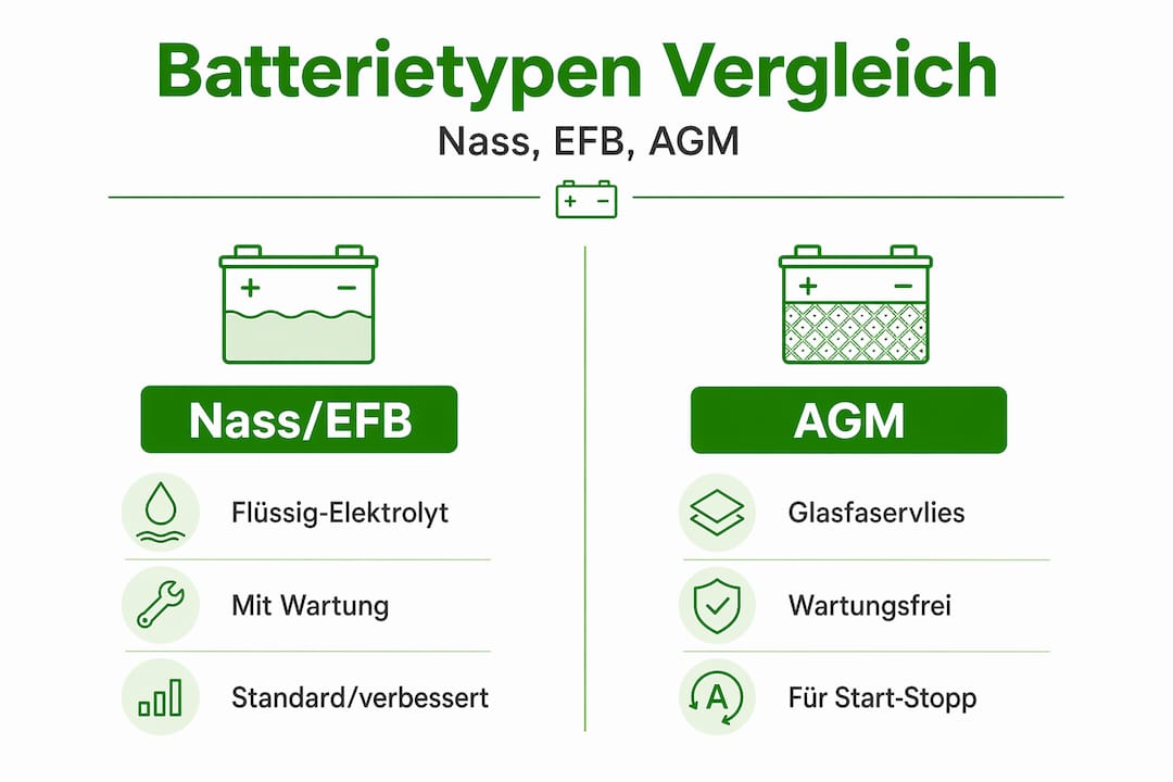 Vergleich der wichtigsten Autobatterie-Typen und ihrer Eigenschaften – anschaulich dargestellt in einer Infografik