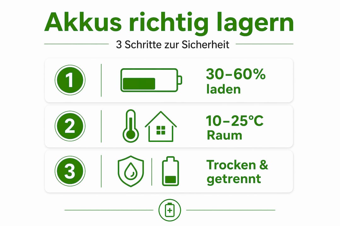 In dieser Infografik erfahren Sie, wie Sie Akkus in drei einfachen Schritten sicher lagern.