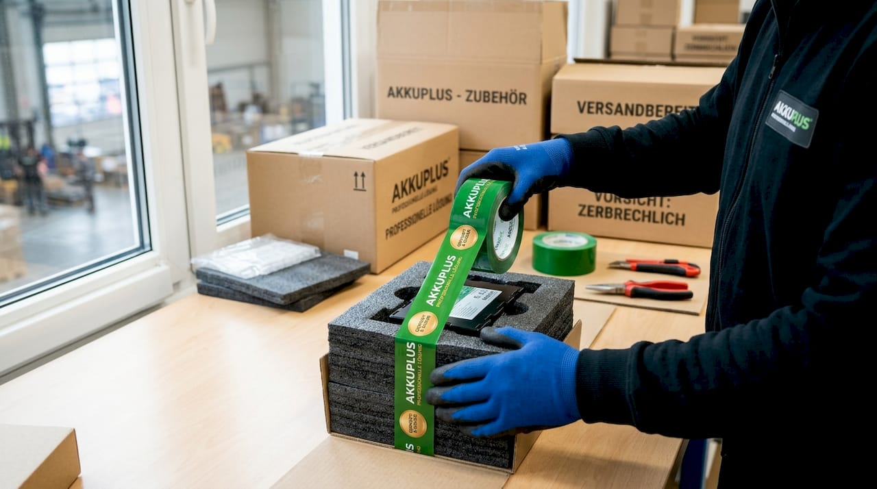 Bitte achten Sie darauf, die Batterie sicher und gut verpackt zu lagern und Ihre Hände dabei zu schützen.