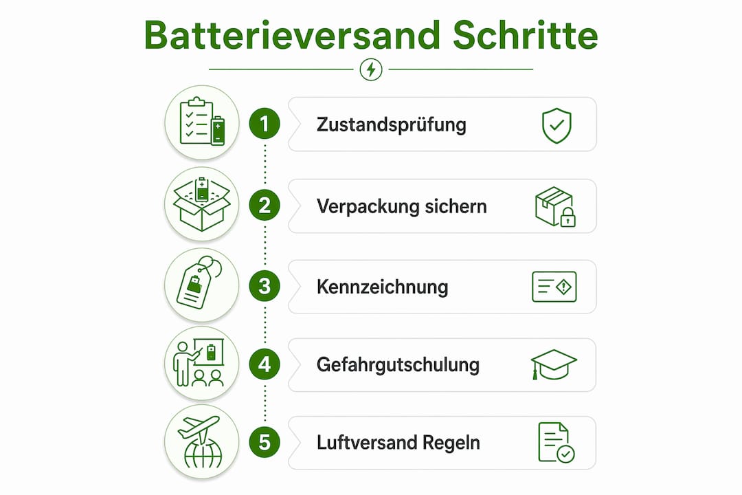 Schritt-für-Schritt-Anleitung: So versenden Sie Batterien sicher – eine übersichtliche Infografik