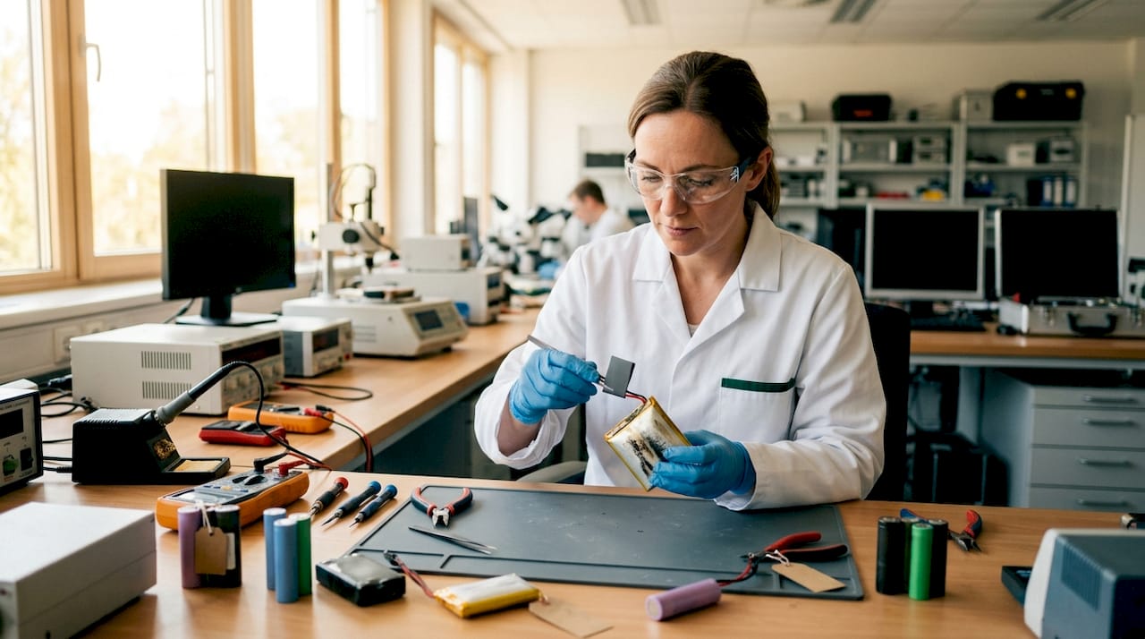 Hände halten einen aufgequollenen Lithium-Ionen-Akku vorsichtig fest