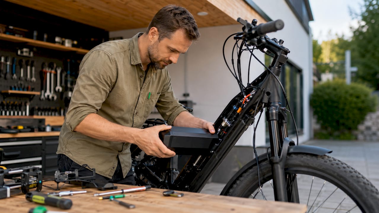 Jemand setzt den Akku in ein E-Bike ein.
