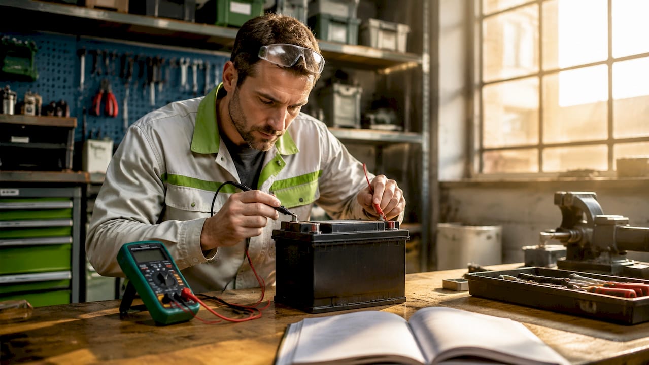 Ein Ingenieur überprüft die Ladespannung einer Batterie.