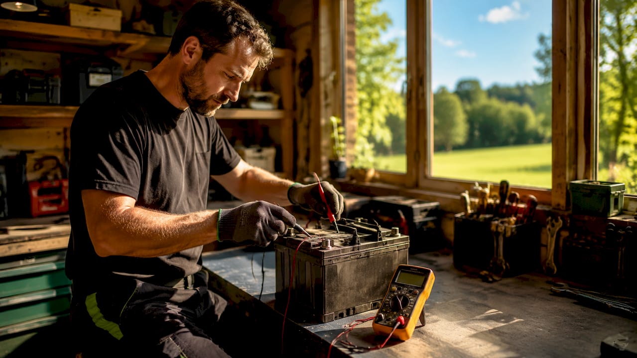 Mit den Händen wird die Batteriespannung gemessen.