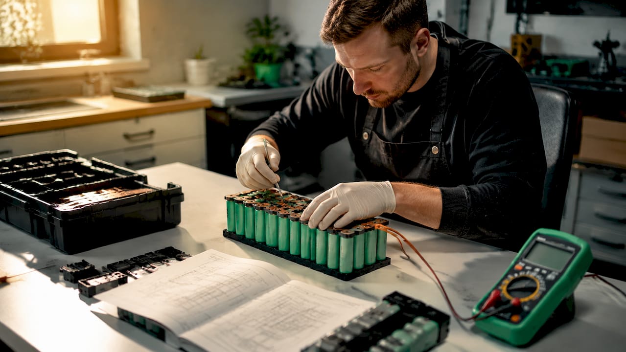 Ein Techniker setzt einzelne Zellen zu einem Batteriemodul zusammen.