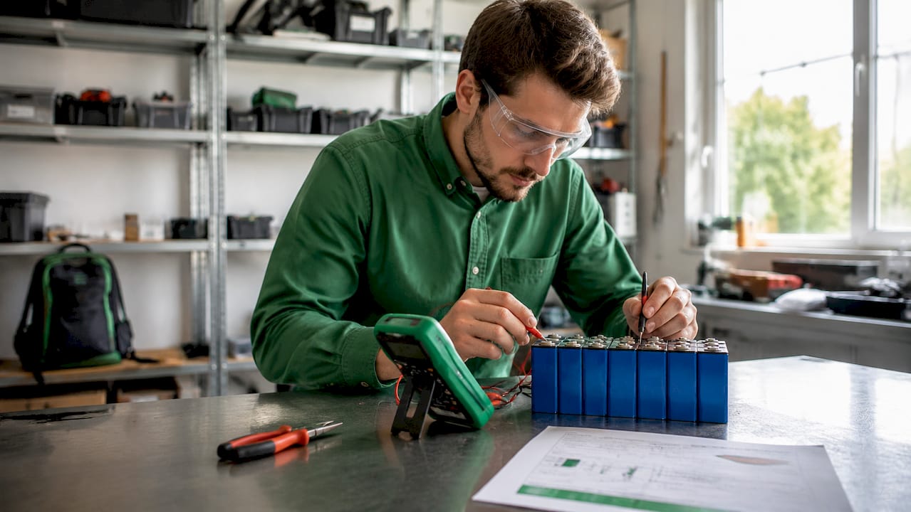 Mit einem Multimeter werden die Batteriezellen von Hand auf ihre Spannung überprüft.