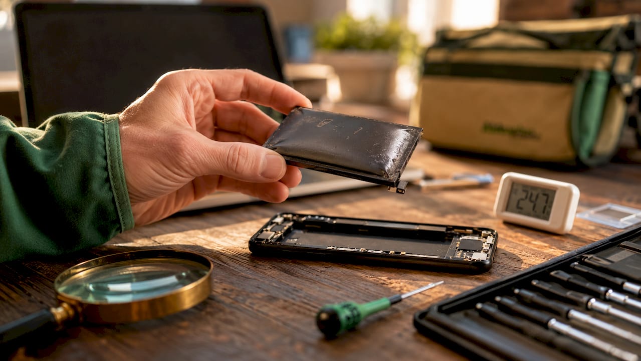 Detailaufnahme eines Lithium-Ionen-Akkus mit sichtbaren Hitzeschäden