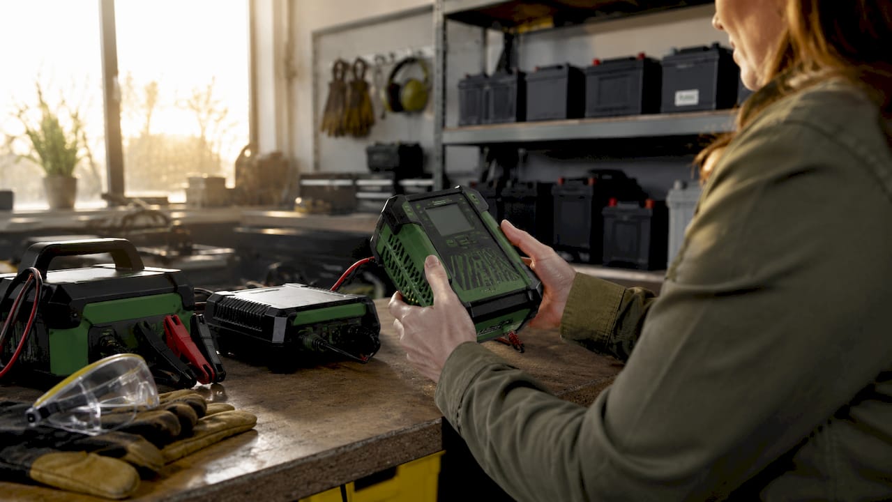 Eine Frau nimmt ein Batterieladegerät aus dem Werkzeugregal.