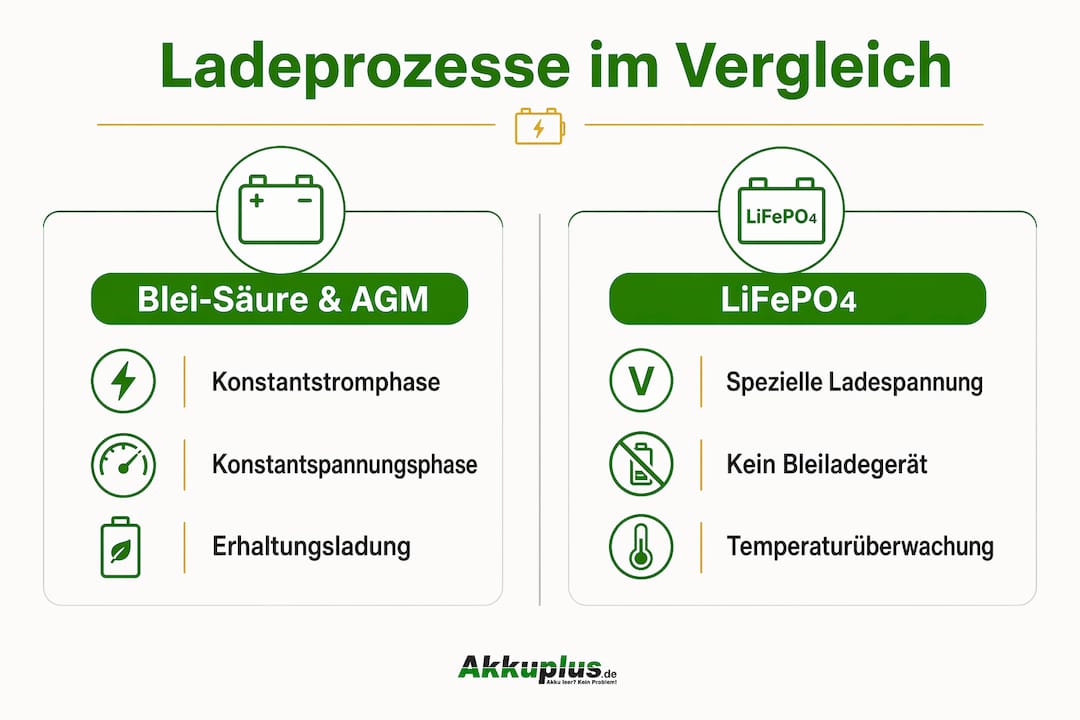 Infografik: Gegenüberstellung der Ladeverfahren von Blei-Säure- und LiFePO4-Batterien