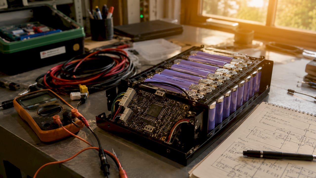 Detailansicht von Komponenten einer intelligenten Batterie auf einem Labortisch