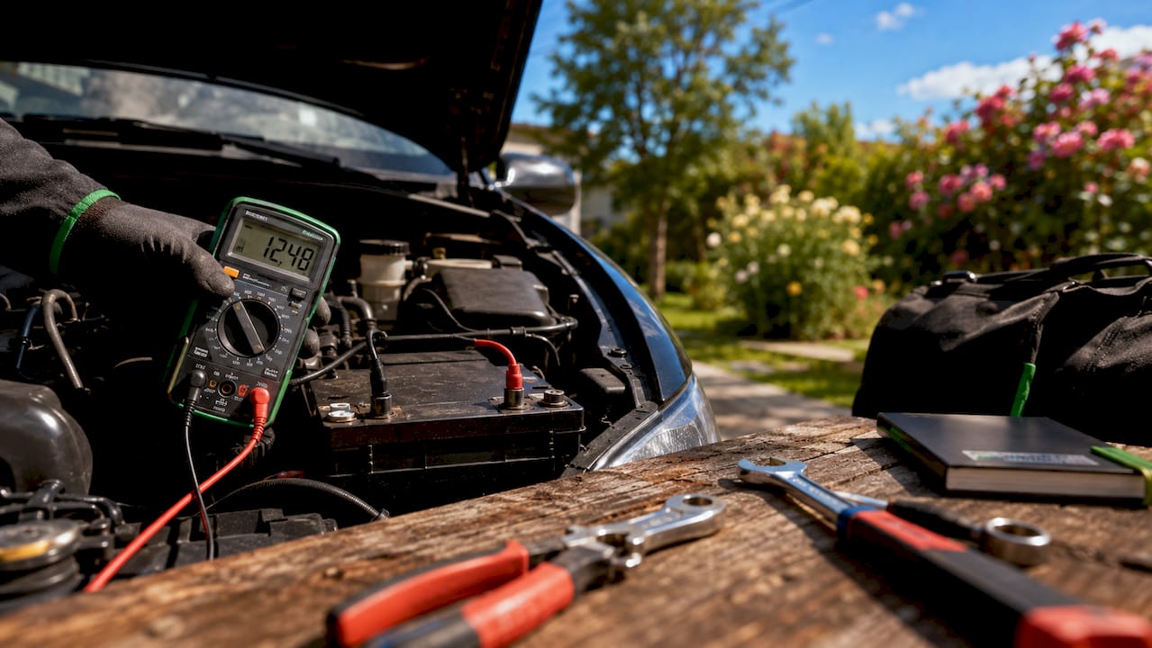 Detailansicht: Multimeter beim Anschluss an eine Batterie