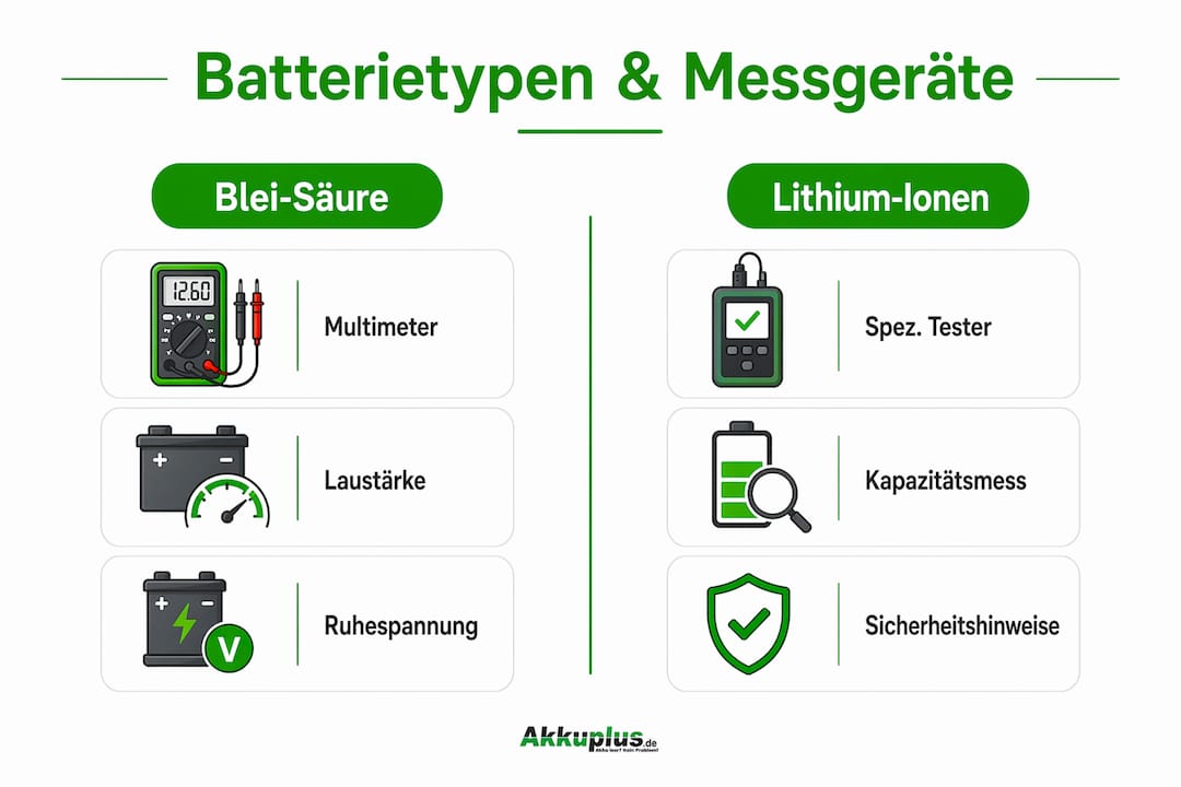 Eine anschauliche Grafik gibt einen Überblick über verschiedene Batterietypen und zeigt, welche Messgeräte sich für die jeweiligen Varianten besonders gut eignen.