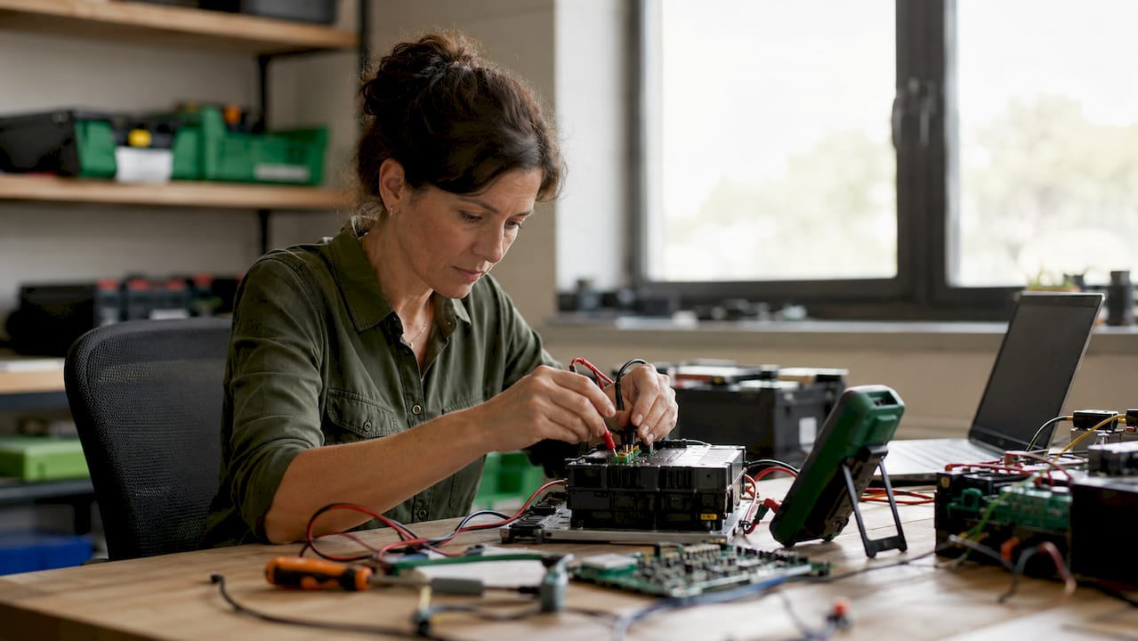Mit den Händen wird das Diagnosegerät an die intelligente Batterie angeschlossen.