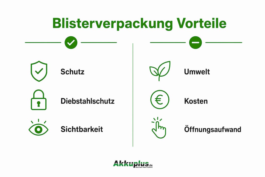 Die Infografik bietet einen übersichtlichen Vergleich der Vor- und Nachteile von Blisterverpackungen.