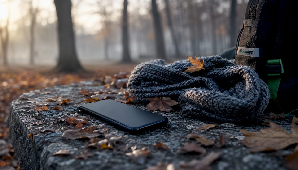 Ein Smartphone liegt auf dem Tisch, umgeben von kühler Herbstluft.
