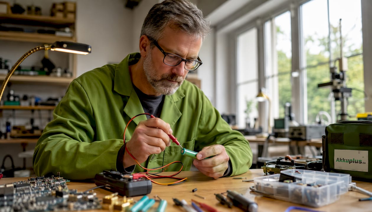 Eine Person misst die Spannung eines Lithium-Ionen-Akkus mit einem Messgerät.