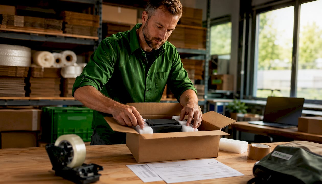 Ein Lagerarbeiter bereitet eine Batterie für den Versand vor.