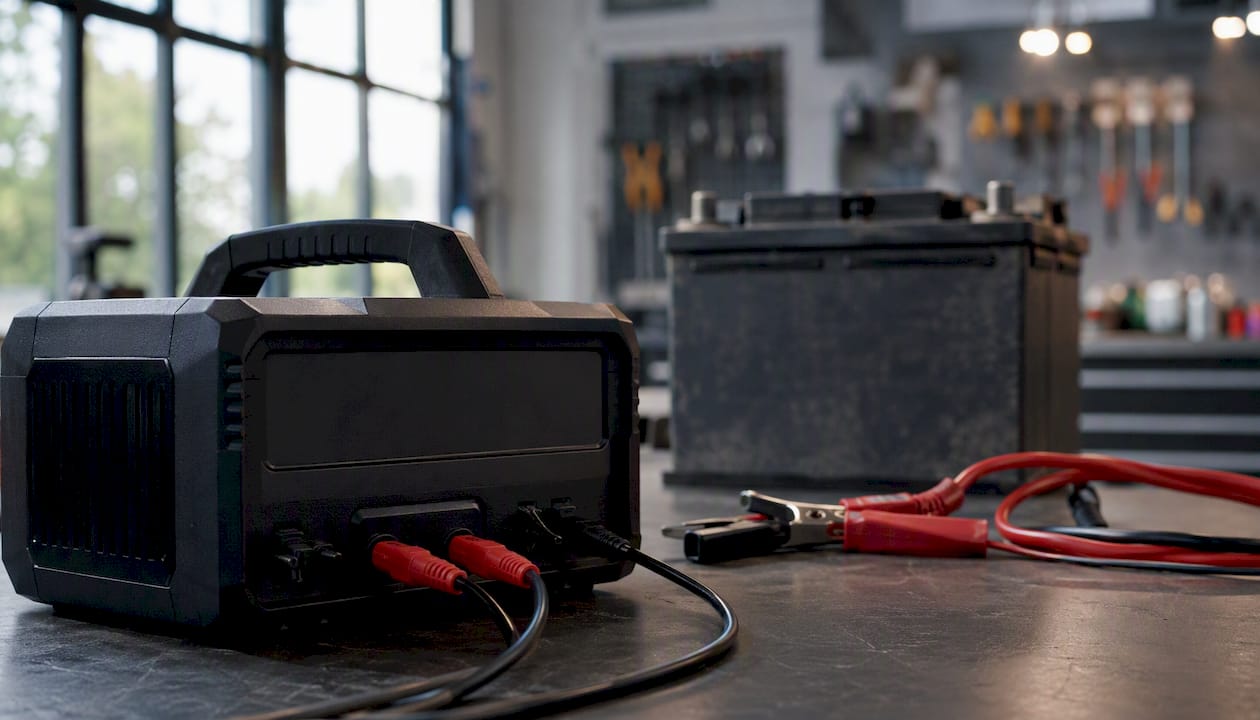 In der Werkstatt steht ein Arbeitsplatz bereit, ausgestattet mit einem Ladegerät und einer Autobatterie – ideal für Wartungs- und Testarbeiten.