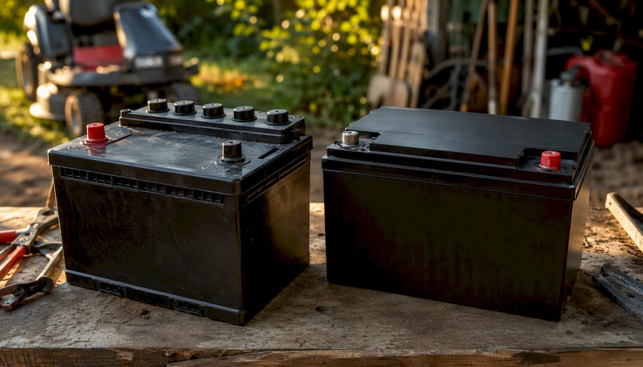Two types of lawn mower batteries on workbench