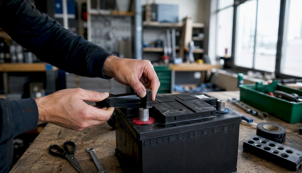 Mit Klebeband sichern Hände die Pole einer Batterie, um einen sicheren Transport zu gewährleisten.
