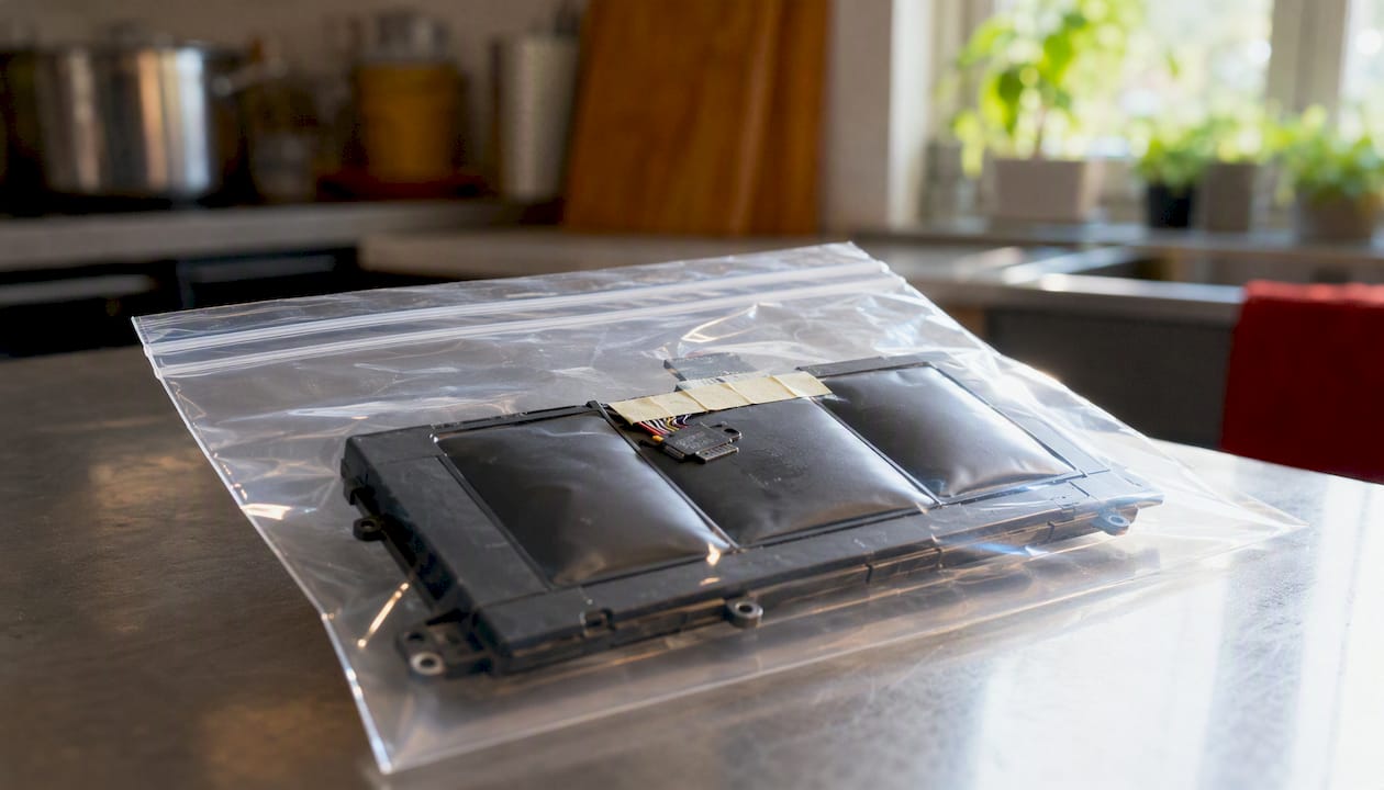 Swollen laptop battery safely stored for disposal